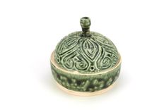 Green Ash Hand Carved Lidded Jar Heart Leaf Drip Black Interior Wheel Ceramic Stoneware Pottery 3 small
