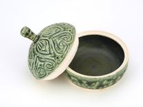 Green Ash Hand Carved Lidded Jar Heart Leaf Drip Black Interior Wheel Ceramic Stoneware Pottery 4 small
