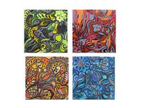 Abstract Painting Small Nature Art- 12"X12" Set Of 4 Nature Painting Red Blue Green Yellow 5 small