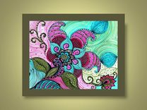 Flower Paisley Fine Art Print-Pink Blue Green Flowers Ink And Acrylic 1 small