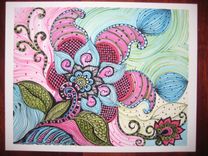 Flower Paisley Fine Art Print-Pink Blue Green Flowers Ink And Acrylic 2 small