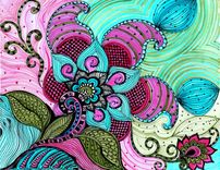Flower Paisley Fine Art Print-Pink Blue Green Flowers Ink And Acrylic 4 small