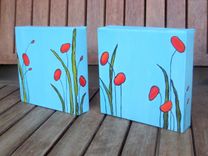 Original Poppies Painting Valentines Day Gift -6"X12" Red Flowers 3 small
