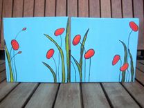 Original Poppies Painting Valentines Day Gift -6"X12" Red Flowers 5 small