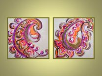 Ethnic Abstract Paisley Painting 8"X8" Paisley Design Magenta Ochre Green 2 small