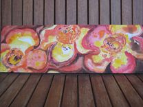 Flower Painting Original Abstract Fall Colors -8"X24" Orange Yellow Brown Organic Flowers 3 small