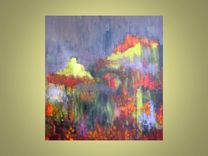 Original Abstract Garden Painting -18"X18" Green Grey Red Orange Flowers Painting 1 small