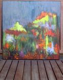 Original Abstract Garden Painting -18"X18" Green Grey Red Orange Flowers Painting 2 small
