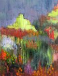 Original Abstract Garden Painting -18"X18" Green Grey Red Orange Flowers Painting 3 small