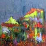 Original Abstract Garden Painting -18"X18" Green Grey Red Orange Flowers Painting 5 small