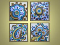 Abstract Flower Painting Original 4"X4" Purple Blue Brown By Devikasart 3 small