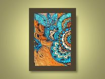 Paisley Fine Art Print Reproduction 5x7 Black Ink And Acrylic Painting Blue Brown Peach By Devikasar 1 small