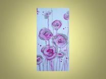 Pink Roses Painting Original Abstract-6"X12" Pink White Silver Flowers 1 small