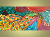 Large Painting Abstract Commission 24"X48" Red Green Bronze Magenta Orchid Flower By Devikasart 2 small