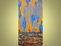 Ikat Painting Abstract Original Ready To Ship - 6"X12" Blue Gray Ochre By Devikasart 1 small