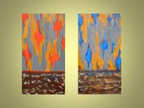Ikat Painting Abstract Original Ready To Ship - 6"X12" Blue Gray Ochre By Devikasart 2 small