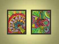 Flower Fine Art Print- Red Blue Green Gray Ink And Acrylic Painting 2 small
