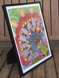 Flower Fine Art Print- Red Blue Green Gray Ink And Acrylic Painting 3 small