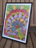 Flower Fine Art Print- Red Blue Green Gray Ink And Acrylic Painting 4 small