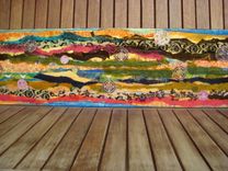 Abstract Original Collage Painting-10"X36" Brown Green Blue Yellow By Devikasart 1 small