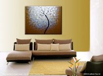 Original Abstract Tree Painting, Textured Cherry Blossom Flowers, Metallic White Impasto Floral 3 small