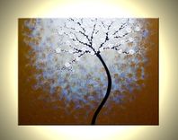 Original Abstract Tree Painting, Textured Cherry Blossom Flowers, Metallic White Impasto Floral 4 small
