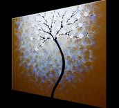 Original Abstract Tree Painting, Textured Cherry Blossom Flowers, Metallic White Impasto Floral 5 small