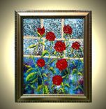 Original Abstract Red Roses Floral Landscape Impasto Garden Impressionist Textured Framed Painting 4 small