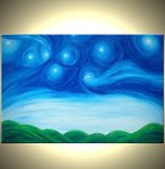 Original Starry Night Painting Acrylic Blue Green Art Modern Abstract Landscape Textured Night 5 small