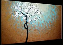 Original Abstract Tree Painting, Textured Cherry Blossom Flowers, 2x4ft Abstract Metallic White 4 small