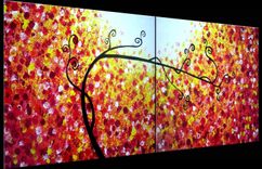 Original Abstract Large Painting, Contemporary Fine Art, Modern Acrylic Red Yellow Tree Landscape 5 small