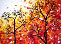 Original Abstract Large Painting, Contemporary Fine Art, Modern Red Yellow Acrylic Trees, Landscape 3 small