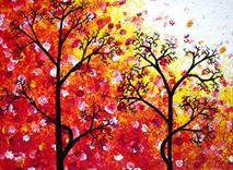 Original Abstract Large Painting, Contemporary Fine Art, Modern Red Yellow Acrylic Trees, Landscape 4 small