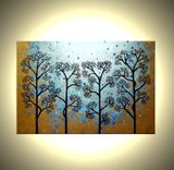 Original Abstract Tree Painting, Textured Abstract Metallic Gold Impasto Trees, 36x24" 2 small