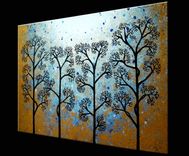 Original Abstract Tree Painting, Textured Abstract Metallic Gold Impasto Trees, 36x24" 3 small