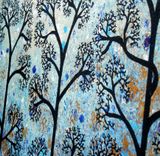 Original Abstract Tree Painting, Textured Abstract Metallic Gold Impasto Trees, 36x24" 5 small