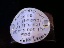 John Lennon Quote Handstamped On An Upcycled Belt Leather Cuff-Silverware Jewelry 1 small