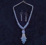 Beaded Necklace And Earrings; Long Blue And Silver 1 small