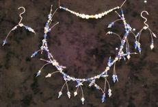 Beaded Crystal Necklace And Earrings; Blue, Crimson, And Lilac Swarovski Crystals. 1 small
