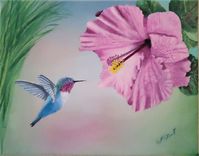 Bird Painting: Blue Hummingbird Flying Near Pink Hibiscus 1 small