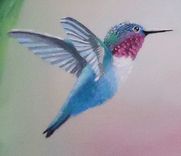 Bird Painting: Blue Hummingbird Flying Near Pink Hibiscus 2 small