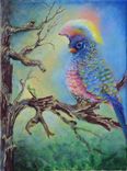 Bird Painting, Wildlife Painting: Fantasy Bird Looking At An Inchworm, Acrylic On Canvas 1 small