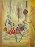 Still Life Painting, Fine Art Original Acrylic On Canvas: Glass Ornaments, Blue Pearls 1 small