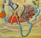 Still Life Painting, Fine Art Original Acrylic On Canvas: Glass Ornaments, Blue Pearls 3 small