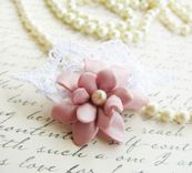 Soft Pink Polymer Clay Flower And Freshwater Pearl - Lace Brooch 2 small