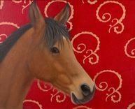 Horse Art Card - Bay Arab On Bright Red With Copper Scroll Background - Horse Art Print Postcard 1 small