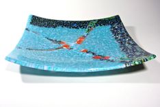 Fused Glass Platter Blue Green Red 12 Inches Sculpture Murrini 3 small