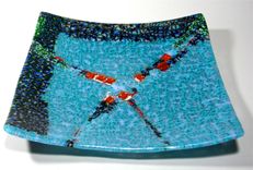 Fused Glass Platter Blue Green Red 12 Inches Sculpture Murrini 4 small