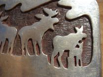 Buckle Sterling .925 Moose Bull, Cow, Calf Under An Aurora 1 small