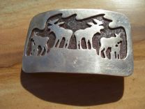 Buckle Sterling .925 Moose Bull, Cow, Calf Under An Aurora 2 small